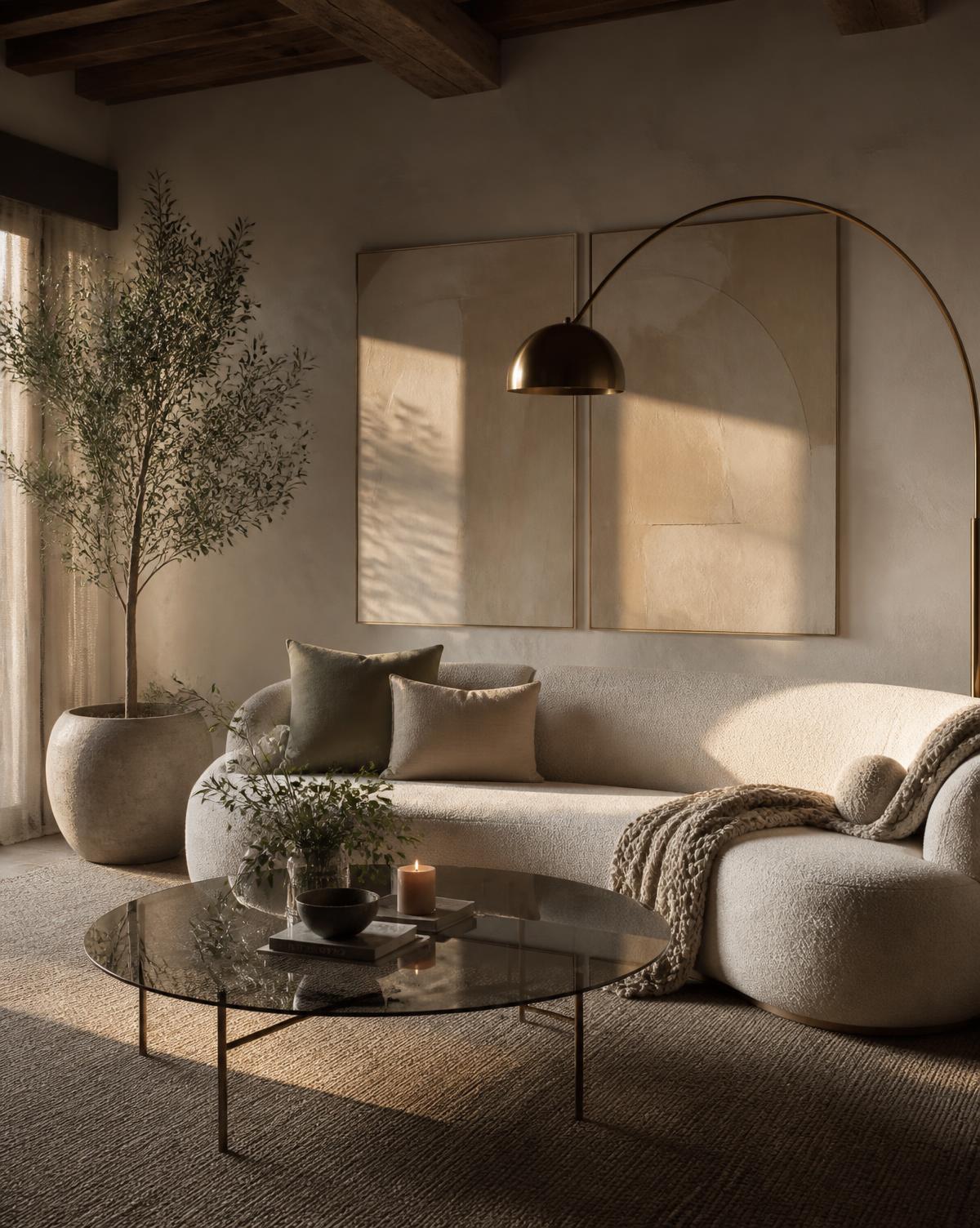 Curved boucle sofa with smoked glass table and brass arc lamp